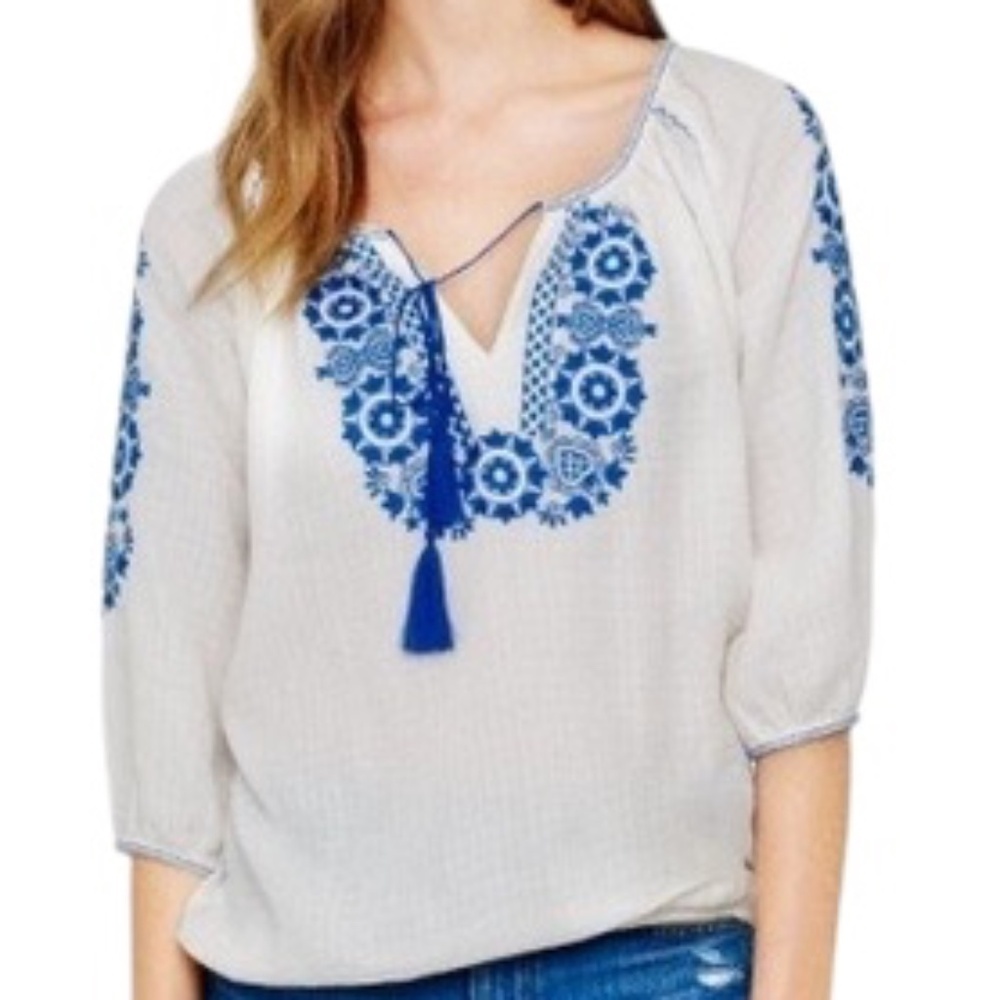 J.Crew Embroidered Peasant Tassel White Blouse with Blue Embroidery, Size Small